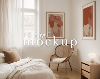 May include: A bedroom interior with a white bed, a brown wicker chair, a wooden nightstand with a lamp, and two framed abstract art prints on the wall. The text "FRAME mockup" is visible in the image.