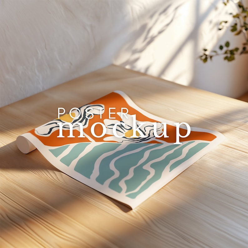 May include: A rolled up poster mockup with an abstract design featuring orange, yellow, blue, and white colors. The poster is on a wooden surface with the text "POSTER MOCKUP" printed on it.