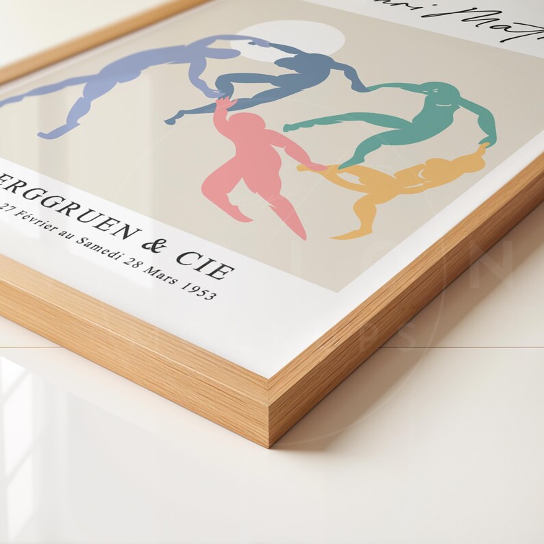 May include: A framed art print featuring a colorful abstract design of five figures in a circle. The print is titled "Henri Matisse" and includes the text "ERGGRUEN & CIE 27 Fevrier au Samedi 28 Mars 1953".