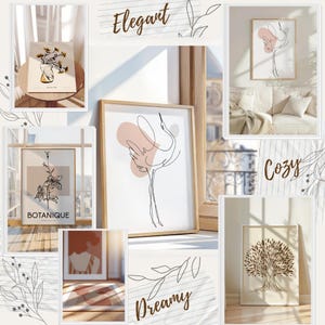 Puede incluir: Un collage de seis impresiones minimalistas de arte de l&iacute;nea con varios temas, incluyendo una gr&uacute;a, un &aacute;rbol y una flor. Las impresiones est&aacute;n enmarcadas en madera natural y tienen una paleta de colores neutros. Las palabras "Elegante", "Acogedor", "So&ntilde;ador" y "Botanique" est&aacute;n incluidas en el collage.