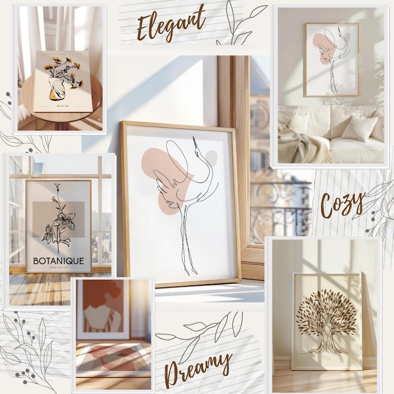 Puede incluir: Un collage de seis impresiones minimalistas de arte de l&iacute;nea con varios temas, incluyendo una gr&uacute;a, un &aacute;rbol y una flor. Las impresiones est&aacute;n enmarcadas en madera natural y tienen una paleta de colores neutros. Las palabras "Elegante", "Acogedor", "So&ntilde;ador" y "Botanique" est&aacute;n incluidas en el collage.