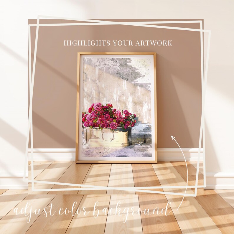 May include: A framed print of a watercolor painting of a bouquet of pink flowers in a white planter against a textured beige background. The text "HIGHLIGHTS YOUR ARTWORK" is above the image.