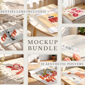 May include: A mockup bundle of 12 aesthetic posters featuring various designs, including a cocktail illustration, a botanical illustration, and a graphic with the text "Bon Appetit". The posters are displayed on different surfaces, such as a wooden table, a white rug, and a white countertop.