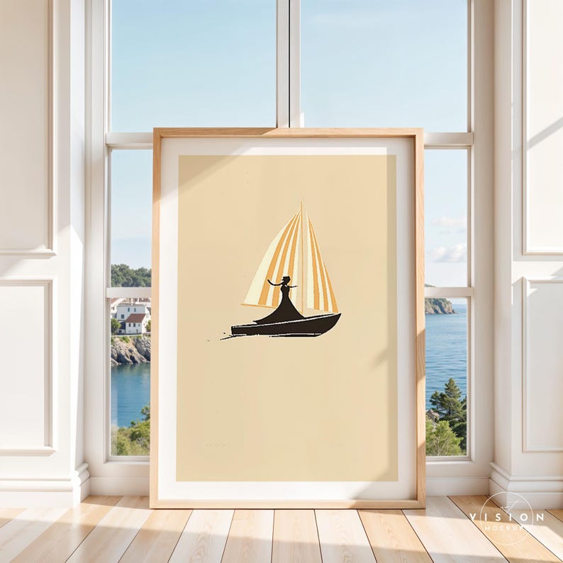 May include: A minimalist illustration of a sailboat with a striped sail and a person standing on the deck. The sailboat is on a light yellow background.