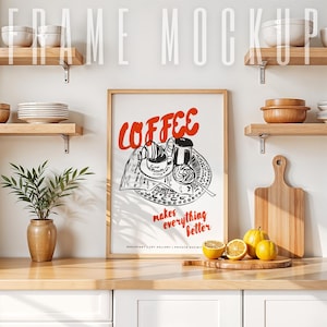 Vertical Frame Mockup Kitchen Art Poster Wood Frame Mockup Aesthetic Frame Portret Mockup DIN A Frame PSD Photoshop Photopea Mockup Template