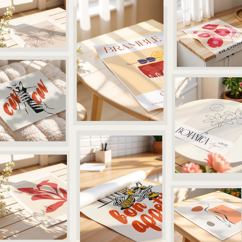 Puede incluir: Una colecci&oacute;n de ocho impresiones de arte imprimibles diferentes que presentan varios dise&ntilde;os, incluidos dise&ntilde;os florales, abstractos y basados en texto. Las impresiones se muestran en diferentes superficies, como mesas de madera y piel blanca.