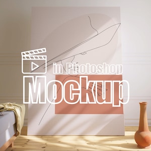 May include: A white canvas mockup with a line drawing of a face and a peach colored rectangle. The text "in Photoshop Mockup" is written in white on the canvas.