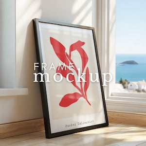 May include: A black frame mockup with a red abstract leaf design on a cream background. The text "FRAME mockup" is printed in white on the image. The text "Poster Collection" is printed in black at the bottom of the image.