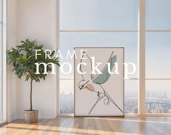 May include: A framed illustration of a bird in flight, with a light blue, green, and pink color scheme. The frame is a simple wooden frame, and the artwork is hanging on a white wall in a modern living room setting.
