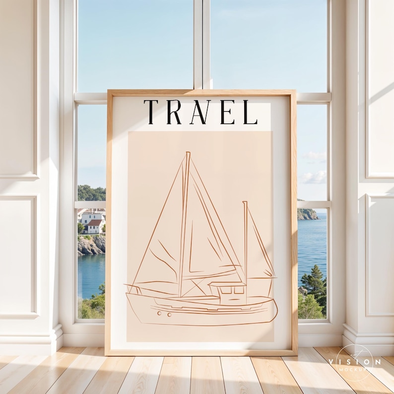 May include: A minimalist line art print of a sailboat on a peach background with the word "TRAVEL" in black text at the top.