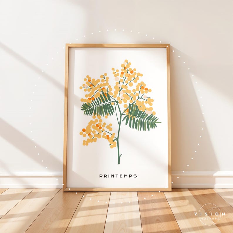 May include: A framed print of a yellow mimosa flower with green leaves. The print has the word "Printemps" written in black at the bottom.