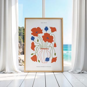 May include: A framed poster with a minimalist illustration of red poppy flowers in a white vase. The poster is titled "Botanical Minimalist Collection" and has the text "Poster No. 03" at the top.