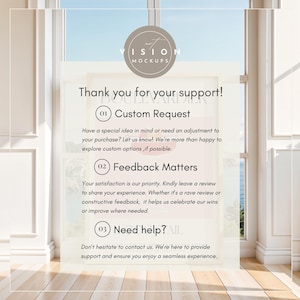 May include: A white framed poster with a light brown background and the text "Thank you for your support!" in black. The poster has three numbered sections with the headings "Custom Request", "Feedback Matters", and "Need help?"