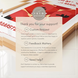 May include: A red and white graphic design with the text "Thank you for your support!" and three numbered points: "Custom Request", "Feedback Matters", and "Need help?" The design is framed in a light wood frame.