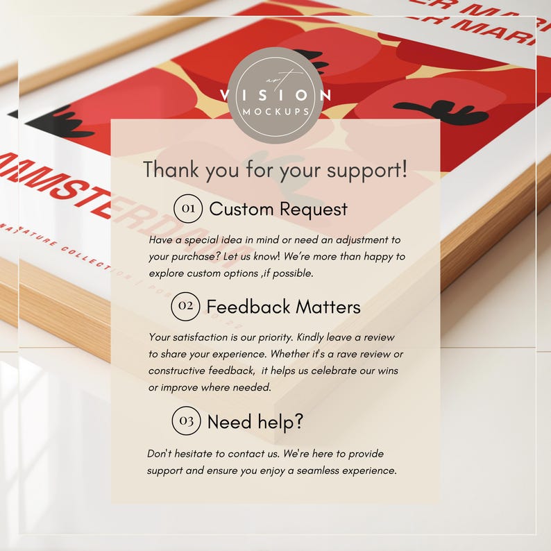 May include: A red and white graphic design with the text "Thank you for your support!" and three numbered points: "Custom Request", "Feedback Matters", and "Need help?" The design is framed in a light wood frame.