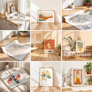 Puede incluir: Una colecci&oacute;n de impresiones de arte enmarcadas con varios dise&ntilde;os, que incluyen una escena de paisaje, un arreglo floral, un c&oacute;ctel y una mujer con gafas de sol. Las impresiones se muestran en una pared blanca con pisos y muebles de madera.