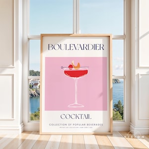 May include: A pink and white poster with the text "BOULEVARDIER COCKTAIL COLLECTION OF POPULAR BEVERAGES PRIVATE ART COLLECTION | NEW YORK | USA" and a graphic illustration of a red cocktail in a martini glass with a cherry and orange slice garnish.