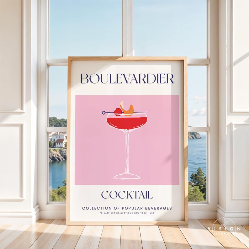 May include: A pink and white poster with the text "BOULEVARDIER COCKTAIL COLLECTION OF POPULAR BEVERAGES PRIVATE ART COLLECTION | NEW YORK | USA" and a graphic illustration of a red cocktail in a martini glass with a cherry and orange slice garnish.