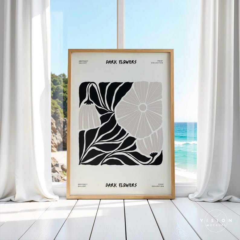 May include: A framed print with a black and white abstract design of stylized flowers. The print is titled "DARK FLOWERS" and is part of an abstract gallery and print collection.