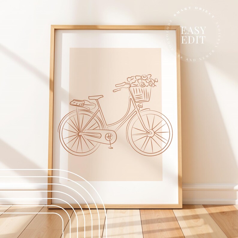 May include: A line drawing of a bicycle with a basket of flowers on a peach background. The bicycle is brown and the flowers are pink.