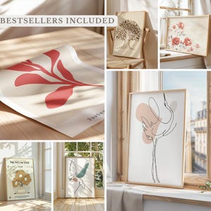 Puede incluir: Un conjunto de cinco impresiones de arte minimalistas que presentan una variedad de dise&ntilde;os, incluyendo un &aacute;rbol, flores, un p&aacute;jaro, una hoja y una grulla. Las impresiones son todas en blanco y negro con una est&eacute;tica simple y moderna. El texto "BESTSELLERS INCLUDED" es visible en la parte superior de la imagen.