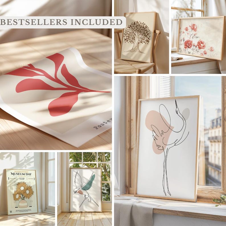 Puede incluir: Un conjunto de cinco impresiones de arte minimalistas que presentan una variedad de dise&ntilde;os, incluyendo un &aacute;rbol, flores, un p&aacute;jaro, una hoja y una grulla. Las impresiones son todas en blanco y negro con una est&eacute;tica simple y moderna. El texto "BESTSELLERS INCLUDED" es visible en la parte superior de la imagen.