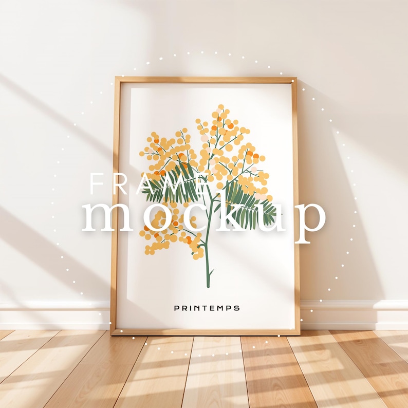May include: A framed print of a yellow mimosa flower with green leaves. The print is in a light wood frame and has the word "PRINTEMPS" written at the bottom.