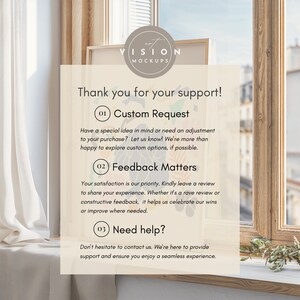 May include: A light beige card with the text "Thank you for your support!" and three numbered sections: "Custom Request", "Feedback Matters", and "Need help?" The card is in front of a window with a view of a city.