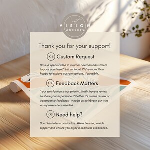 May include: A white card with the text "Thank you for your support!" and three numbered points: "Custom Request", "Feedback Matters", and "Need help?" The card is on a wooden surface.