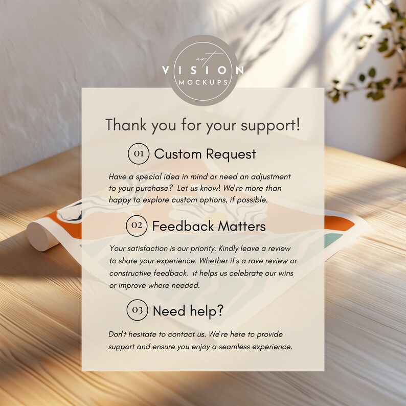 May include: A white card with the text "Thank you for your support!" and three numbered points: "Custom Request", "Feedback Matters", and "Need help?" The card is on a wooden surface.
