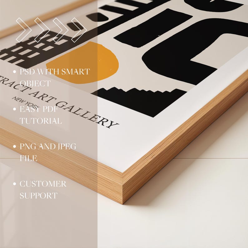 May include: A framed print with a black and white abstract design featuring geometric shapes and a yellow circle. The print has the text "TRACT ART GALLERY" and "NEW YORK PDF TUTORIAL" on the bottom left corner.