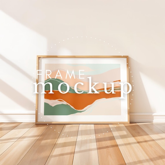 Wood Frame Mockup Horizontal Landscape Photoshop Mockup Art Display Printables Photopea Custom Wall Color DIN A Frame PSD Interior Scene
