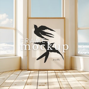 Vertical Frame Mockup Leaning On Window Summer Sea Beach House Scene Mockup Portret Frame Photoshop Photopea Mockup Template DIN A ISO Frame
