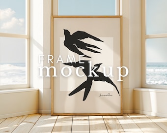 Vertical Frame Mockup Leaning On Window Summer Sea Beach House Scene Mockup Portret Frame Photoshop Photopea Mockup Template DIN A ISO Frame