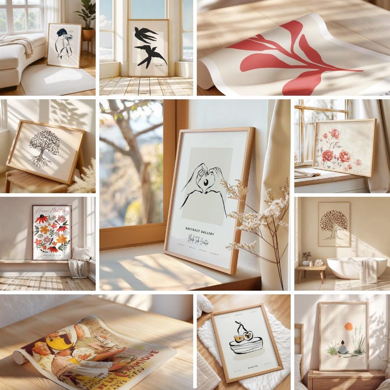 Puede incluir: Una colecci&oacute;n de impresiones enmarcadas con varios dise&ntilde;os, que incluyen arte abstracto, patrones florales y escenas de la naturaleza. Las impresiones se muestran en una variedad de superficies, como paredes, estantes y mesas.