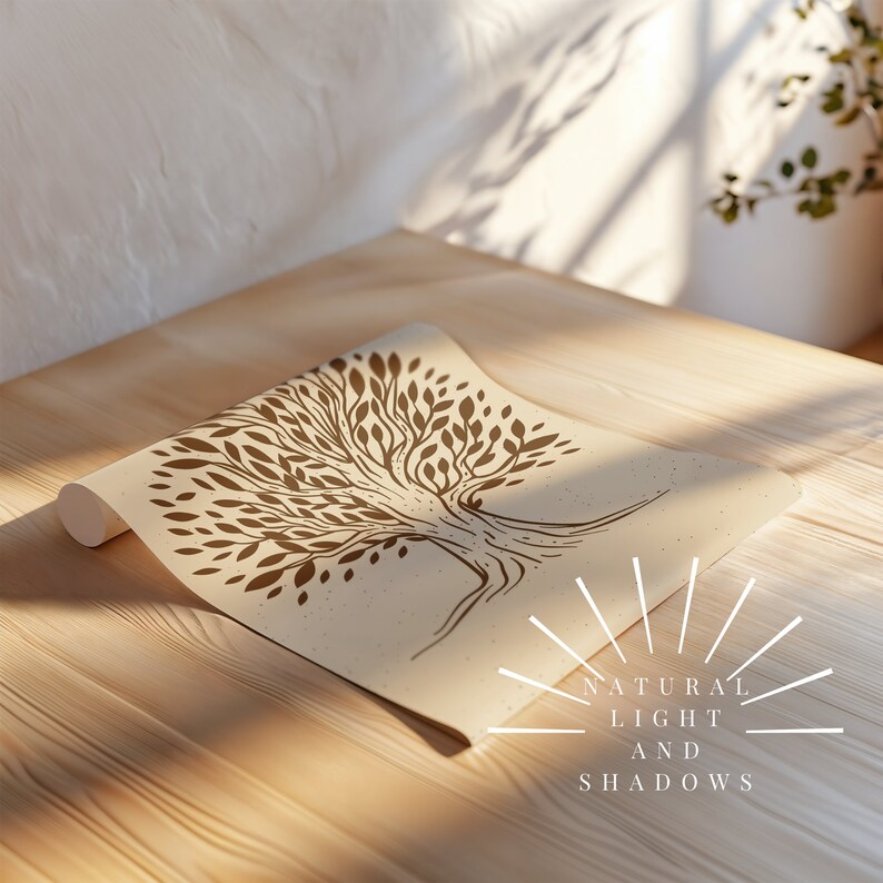 May include: A beige poster with a brown tree illustration and the text "NATURAL LIGHT AND SHADOWS". The poster is rolled up and sitting on a wooden surface.