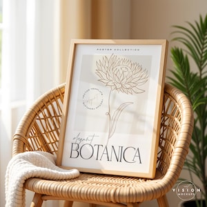 Pode incluir: Um p&ocirc;ster emoldurado com um desenho minimalista de uma flor em marrom sobre um fundo branco. O p&ocirc;ster tem o texto "Elegant Botanica" na parte inferior e "Poster Collection" na parte superior.