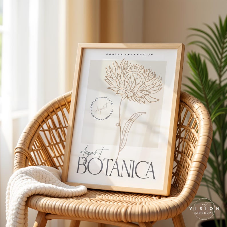 Pode incluir: Um p&ocirc;ster emoldurado com um desenho minimalista de uma flor em marrom sobre um fundo branco. O p&ocirc;ster tem o texto "Elegant Botanica" na parte inferior e "Poster Collection" na parte superior.