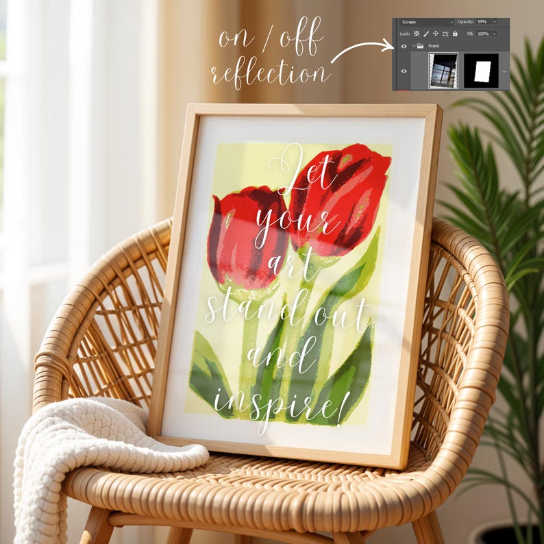Pode incluir: Uma impress&atilde;o emoldurada com fundo amarelo e duas tulipas vermelhas. O texto "Let your art stand out and inspire!" est&aacute; escrito em fonte branca cursiva.
