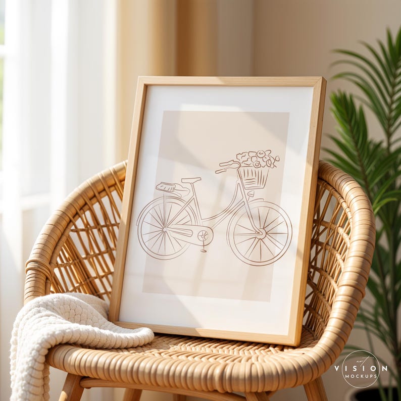Pode incluir: Uma impress&atilde;o emoldurada de um desenho de linha de uma bicicleta com uma cesta de flores sobre um fundo marrom claro. A moldura est&aacute; sentada em uma cadeira de vime.