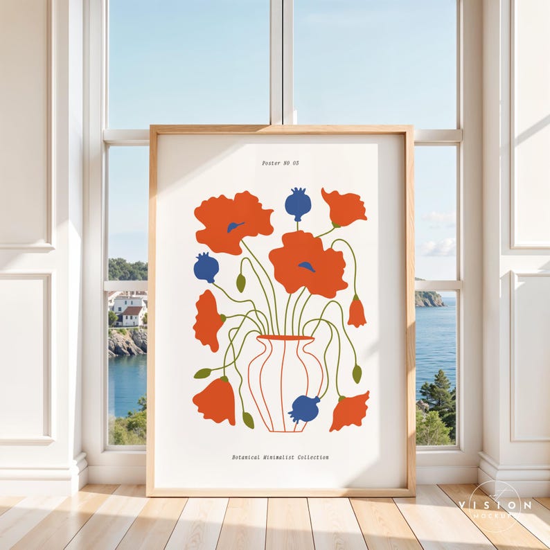 May include: A poster with a minimalist design featuring a vase of red poppies with blue centers. The text "Poster No. 03" and "Botanical Minimalist Collection" is printed at the top and bottom of the poster.