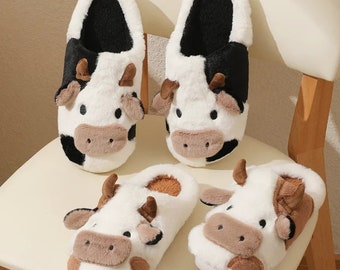 Winter Cartoon Cow Plush Slippers | Unisex Couples Indoor Non-slip House Shoes