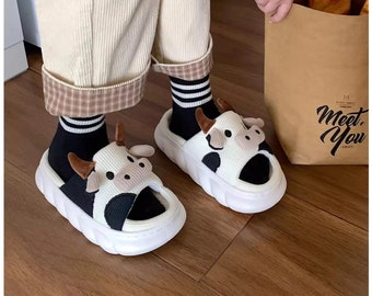 Cute Cow Sandals | Women's Linen Flip Flops, Comfortable Indoor Slippers for Men and Couples