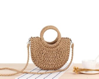 Boho Chic: Bolso de paja tejido de ratán semicircular hecho a mano / Bolso bandolera mensajero de verano para mujer