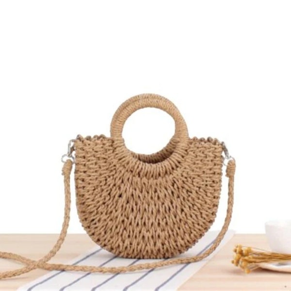 Bohemian Chic: Handmade Half-Round Rattan Woven Straw Bag | Summer Women's Messenger Crossbody Bag