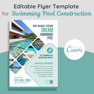 Puede incluir: Plantilla de folleto editable para la construcción de piscinas. El diseño presenta una combinación de colores turquesa y blanco con imágenes de piscinas. El texto incluye "We Build Your Dream Swimming Pool" e información de contacto.