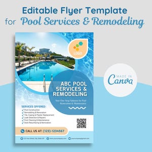 Może przedstawiać: Niebiesko-biały szablon ulotki dla usług i remontów basenów. Ulotka zawiera zdjęcie basenu, tekst "ABC POOL SERVICES & REMODELING" oraz listę oferowanych usług. Zawiera również logo i dane kontaktowe.