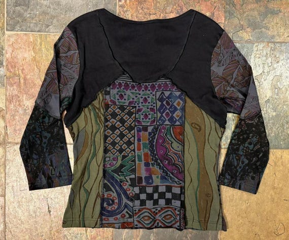 Patchwork Artistic Top – Mixed Pattern Panels, Co… - image 7