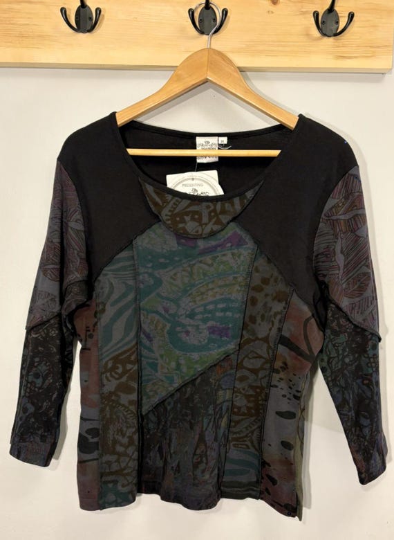 Patchwork Artistic Top – Mixed Pattern Panels, Co… - image 2