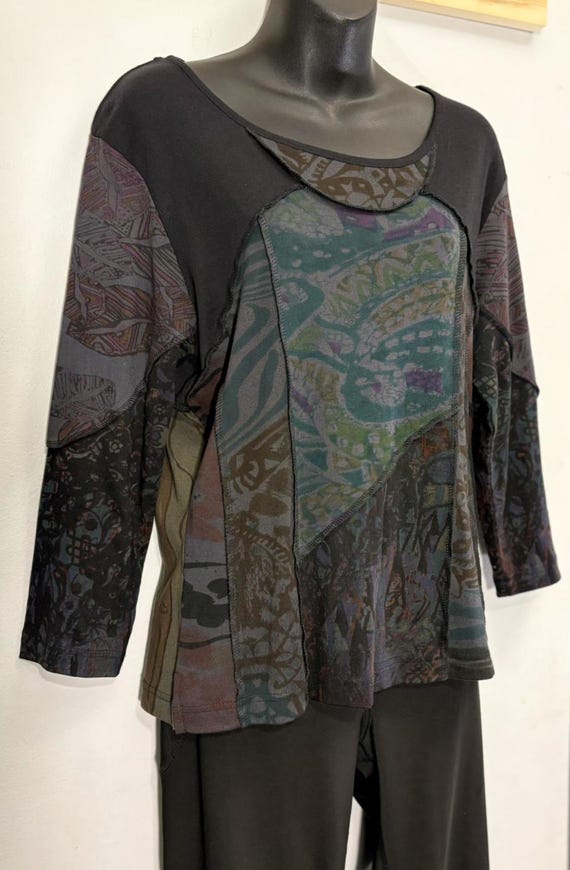 Patchwork Artistic Top – Mixed Pattern Panels, Co… - image 11
